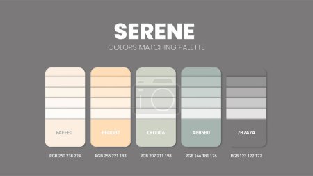 Color palette guide in Serene colour theme collections. Color inspiration or chart with codes template. Color combination RGB. Colors swatches for graphic design, art, fashion or painting. Vector.