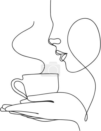 Photo for Girl with a cup of coffee - vector illustration (sketch), one-line silhouette without background (clipart). The emotion of love for a delicious drink, feeling the aroma of fresh coffee and enjoying it - Royalty Free Image