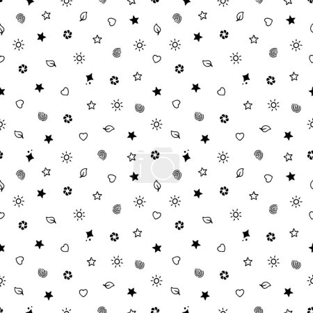 Illustration for Seamless pattern of symbols. White wallpapers with a print of black symbols. Seamless vector background with black symbols on a white background. Infinite seamless pattern of symbols (hearts, suns, fingerprints, leaves, spirals, stars...). - Royalty Free Image
