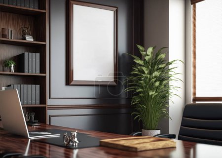 Photo for Premium frame Mockup 3D render with an interior in the style of a law firm,  business office. The interior is styled in a sophisticated, professional manner of a law firm or business office. - Royalty Free Image