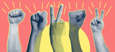 Illustration for Trendy collage with hand gestures, cutout shapes Symbol win, like, punk. Grunge halftone retro banner poster design. Concept of protest, confrontation, struggle, strike, victory. Vector illustration - Royalty Free Image