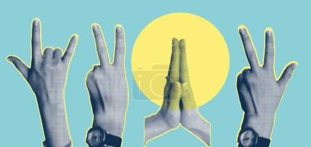 Illustration for Trendy collage with hand gestures, cutout shapes Symbol win, like, punk. Grunge halftone retro banner poster design. Concept of protest, struggle, faith, prayer, victory. Vector illustration - Royalty Free Image