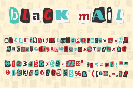Color rescate collage estilo letras números y signos de puntuación cortados de periódicos y revistas. Colección ABC vintage. Alfabeto punk rojo, blanco, negro y azul Tipografía vector ilustración.