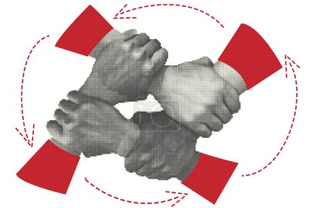 Four diverse people holding each others wrists in circle. Top view. Human halftone hands locked. Isolated on white background. Concept 4 hand assemble, corporate meeting teamwork. Vector illustration.