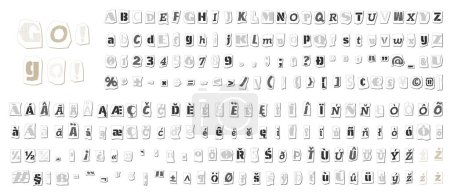 Lösegeld halftone Collage Buchstaben Zahlen und Satzzeichen aus Zeitungen und Zeitschriften geschnitten. Vintage ABC Kollektion. Schwarz-weißes Alphabet Typografie-Vektorillustration.