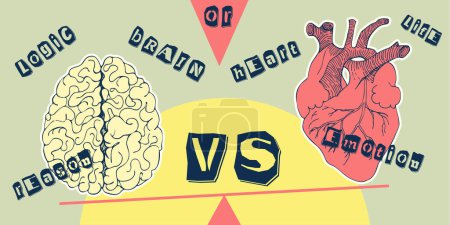 Concept heart VS brain. Vintage design collage poster. Mental health and emotional well-being symbols Mind-heart balance hand drawn graphic art. Half tone and sketch doodle style. Vector illustration.