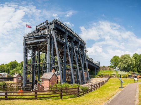 Multi image panorama of one of the two boat lifts in England seen at Anderton, linking the Trent and Mersey Canal with the River Weaver in Cheshire, seen in June 2023.