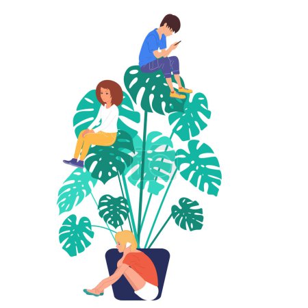 Young people sit on monstera leaves. Enviroment protection. Symbol .