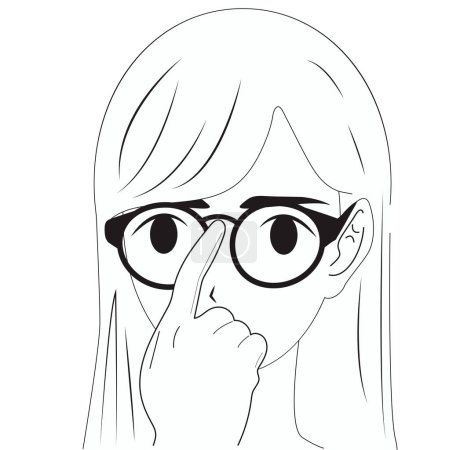 Illustration for Black and white .Girl adjusts her glasses. Poor eyesight. - Royalty Free Image