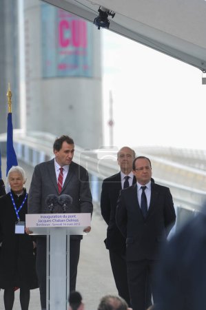 Photo for BORDEAUX, FRANCE - MARCH, 16 2013 : Inauguration of the Jacques Chaban-Delmas lift bridge by French President Francois Hollande and Bordeaux Mayor Alain Juppe. High quality photo - Royalty Free Image