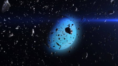Asteroidenfeld auf dem Weg zum Planeten UranusFilmaufnahme aus dem Weltraum, 4K, 2024