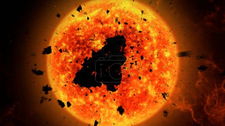 Météores et gros astéroïde en tête de la vue cinématique du rendu sun3d, 4k, 2024