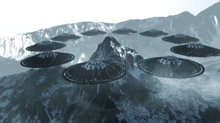 Téléchargez les photos : Soucoupes volantes tournant et tournant au-dessus du sommet de la montagne, concept aerialAlien sci fi, rendu 3d, 4K, 2024 - en image libre de droit