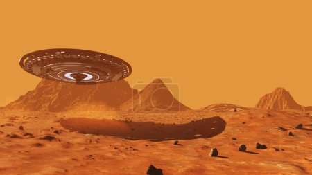Vaisseau spatial extraterrestre ovni volant près de la surface de marsConcept de science-fiction, 4K, vue sur la planète rouge paysage, 2024