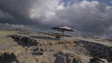 UFO-Untertasse fliegt über Wüstenlandschaft, LuftbildDrohne, Sci-Fi-Konzept, 4K, 2024