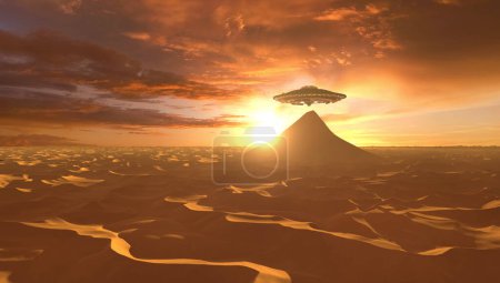 UFO-Untertasse dreht sich über Pyramidenberg und Dünen, Luftaufnahme in 4K-Auflösung, 2024