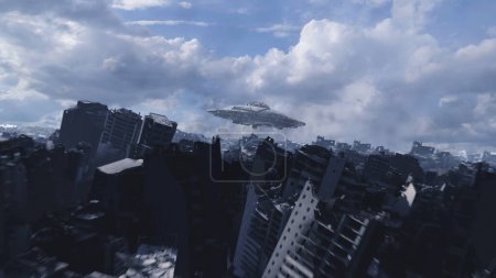 Außerirdische UFO-Untertasse schwebt über zerstörter Stadt, Luftbildaufnahme der apokalyptischen zerstörten Stadt und Alien-Konzept, Science-Fiction, 4K, 2024