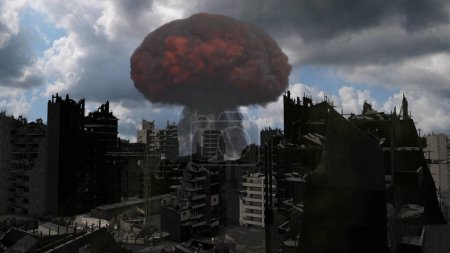 Foto de Explosión de setas grandes que se elevan detrás de la ciudad destruida, antesVista cinematográfica de la ciudad destruida apocalíptica, 4K, 2024 - Imagen libre de derechos