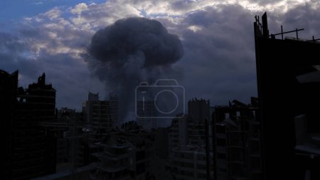 Foto de Gran explosión detrás de la ciudad destruidaVista cinematográfica de la ciudad destruida apocalíptica, 4K, 2024 - Imagen libre de derechos