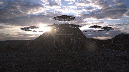 Photo for Large spacecraft and small fleet ufo's flying above volcano, aerialAlien sci-fi concept,4K,2024 - Royalty Free Image