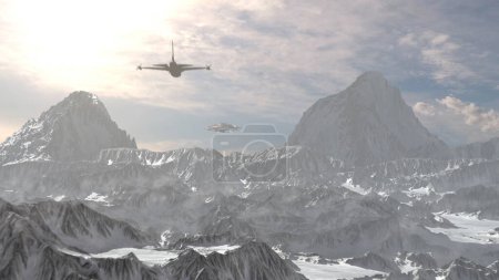 Jet jagt fliegende Untertasse in verschneiter Landschaft, AerialCinematic sic-fi concept, 4K, 2024