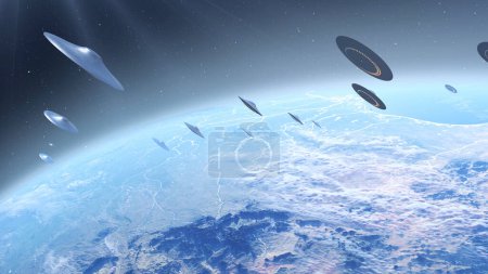 Foto de Flying Saucer UFO 's fleet above Earth before invasionAlien invasión sci-fi concept, 4K, 2024 - Imagen libre de derechos