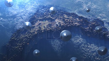 Téléchargez les photos : Soucoupe extraterrestre flotte ufo volant au-dessus de l'atmosphère terrestre, vue du hautConcept de science-fiction d'invasion extraterrestre, 4K, 2024 - en image libre de droit