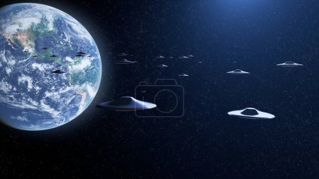 Foto de Flota de Armada del platillo volador OVNI dirigiéndose al planeta tierra, vista del espacio exteriorconcepto de ciencia ficción de invasión alienígena, 4K, 2024 - Imagen libre de derechos