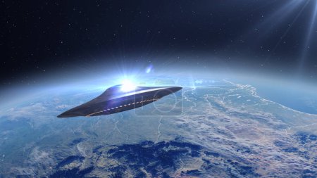 Flying Saucer metallic UFO hovering close to EarthAlien invasion sci-fi concept,4K, 2024
