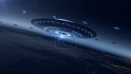 Foto de Muchos ovni volando hacia la nave nodriza por encima de la tierraconcepto de ciencia ficción invasión extraterrestre, 4K, 2024, vista del espacio exterior - Imagen libre de derechos