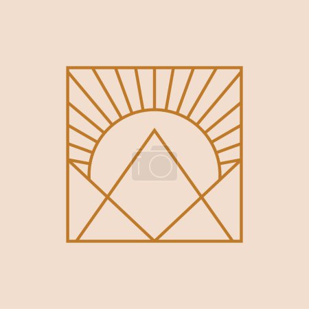Illustration for Mountain and sun bohemian vector logo design. Geometric concept flat icon. - Royalty Free Image