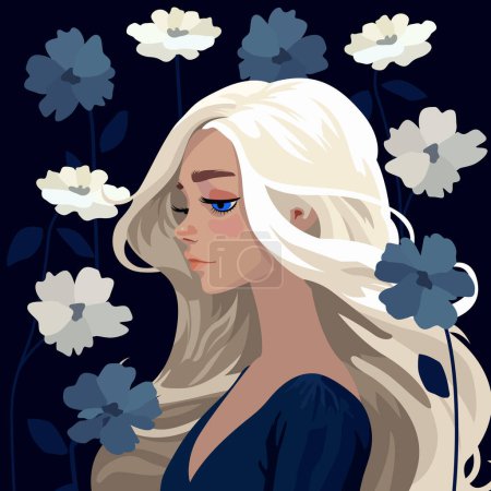 Illustration pour Explorez la beauté mélancolique d'une jeune fille blonde aux fleurs dans cette illustration captivante. - image libre de droit