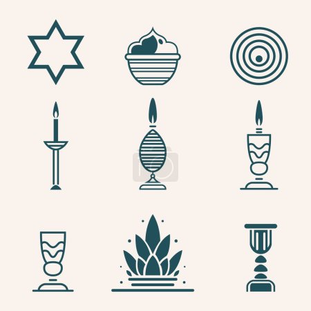 Illustration for A curated vector set embodies Jewish traditions with symbols like candles, Star of David, and more, capturing the essence of cultural and spiritual heritage. - Royalty Free Image