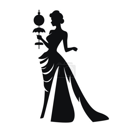 Elegant woman in a vintage-style black gown, exuding timeless grace. Vector graphic design.