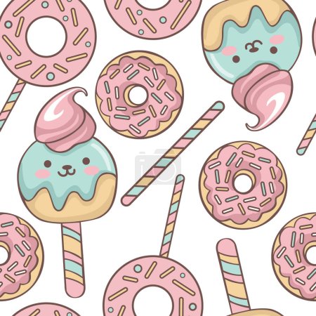 Ilustración de Vector pattern design of donuts and candies in pastel colors. Delightful donuts with sprinkles and charming candies in soft hues create a whimsical and sweet pattern perfect for any occasion. - Imagen libre de derechos