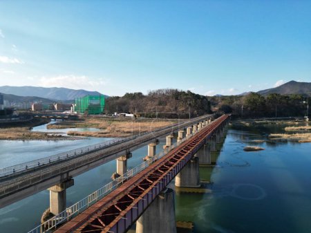 Photo for Rail Road on sunny day with Mountain and river background, Gyeongju, South Korea High quality photo - Royalty Free Image