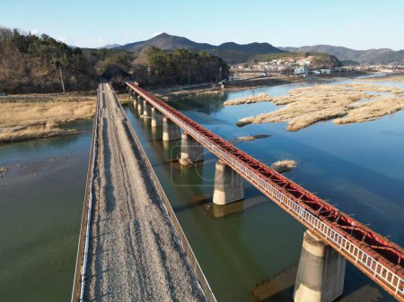 Photo for Rail Road on sunny day with Mountain and river background, Gyeongju, South Korea High quality photo - Royalty Free Image