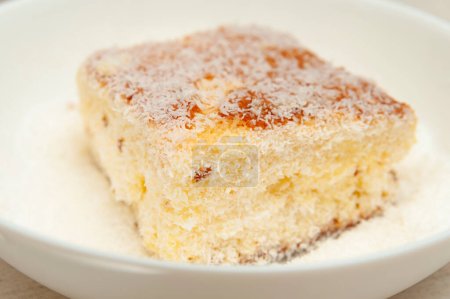 Leckeres und traditionelles brasilianisches Dessert, bekannt als BOLO GELADO - Schritt für Schritt zubereiten: Ein Stück Kuchen in Großaufnahme mit Kokosraspeln in einer Schüssel. Selektiver Fokus.