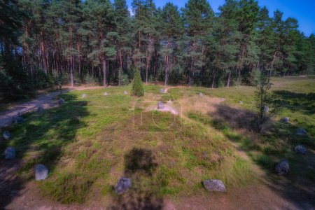 Foto de Vista superior de los círculos de piedra en Odry, un antiguo lugar de entierro y adoración. Reserva Arqueológica y Natural de la UNESCO, Pomerania, Polonia - Imagen libre de derechos