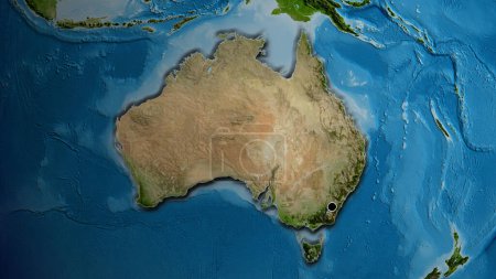 Nahaufnahme des australischen Grenzgebiets auf einer Satellitenkarte. Kapitalpunkt. Abgeschrägte Ränder des Landes. 