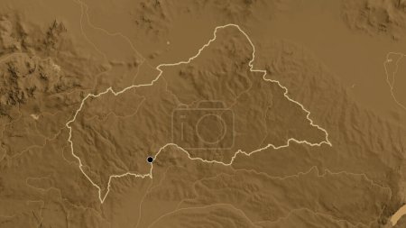 Téléchargez les photos : Gros plan de la zone frontalière de la République centrafricaine sur une carte de l'altitude de la sépia. Point capital. contour autour de la forme du pays. - en image libre de droit