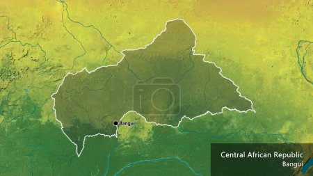 Téléchargez les photos : Gros plan de la zone frontalière de la République centrafricaine mettant en évidence une superposition sombre sur une carte topographique. Point capital. Décrivez la forme du pays. Nom anglais du pays et de sa capitale - en image libre de droit