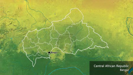 Téléchargez les photos : Gros plan sur la frontière centrafricaine et ses frontières régionales sur une carte topographique. Point capital. Décrivez la forme du pays. Nom anglais du pays et de sa capitale - en image libre de droit