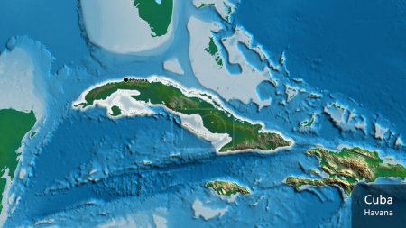 Téléchargez les photos : Gros plan de la zone frontalière cubaine mettant en évidence une sombre superposition sur une carte physique. Point capital. Briller autour de la forme du pays. Nom anglais du pays et de sa capitale - en image libre de droit