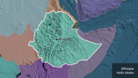 Photo for Close-up of the Ethiopia border area on a administrative map. Capital point. Glow around the country shape. English name of the country and its capital - Royalty Free Image