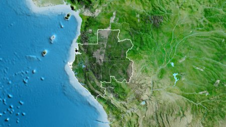 Téléchargez les photos : Gros plan de la zone frontalière du Gabon mettant en évidence une superposition sombre sur une carte satellitaire. Point capital. contour autour de la forme du pays. - en image libre de droit