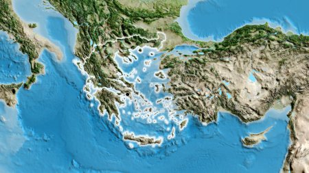 Nahaufnahme des griechischen Grenzgebiets auf einer Satellitenkarte. Kapitalpunkt. Glühen im ganzen Land. 