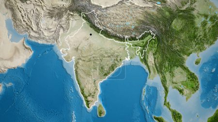 Primer plano de la zona fronteriza de la India en un mapa satelital. Punto capital. Esquema alrededor de la forma del país. 