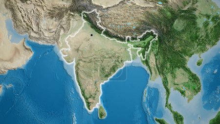 Primer plano de la zona fronteriza de la India en un mapa satelital. Punto capital. Brillan alrededor de la forma del país. 