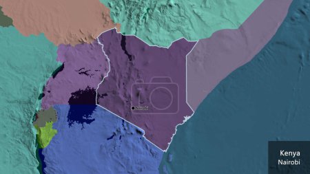 Photo for Close-up of the Kenya border area highlighting with a dark overlay on a administrative map. Capital point. Outline around the country shape. English name of the country and its capital - Royalty Free Image